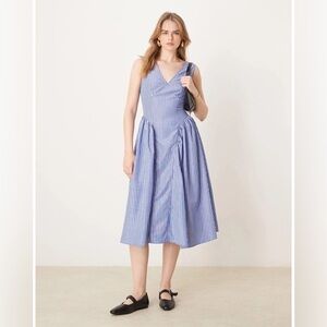 Glamorous Blue & White Striped V-Neck Midi Dress